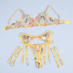 Subblime - 954352 Soutien-Gorge + String + Porte-Jarretelles Motif Floral Jaune L/Xl